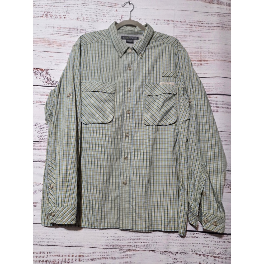 ExOfficio Mens Plaid Vented Long Sleeve Fishing Hiking Shirt Green Blue Large